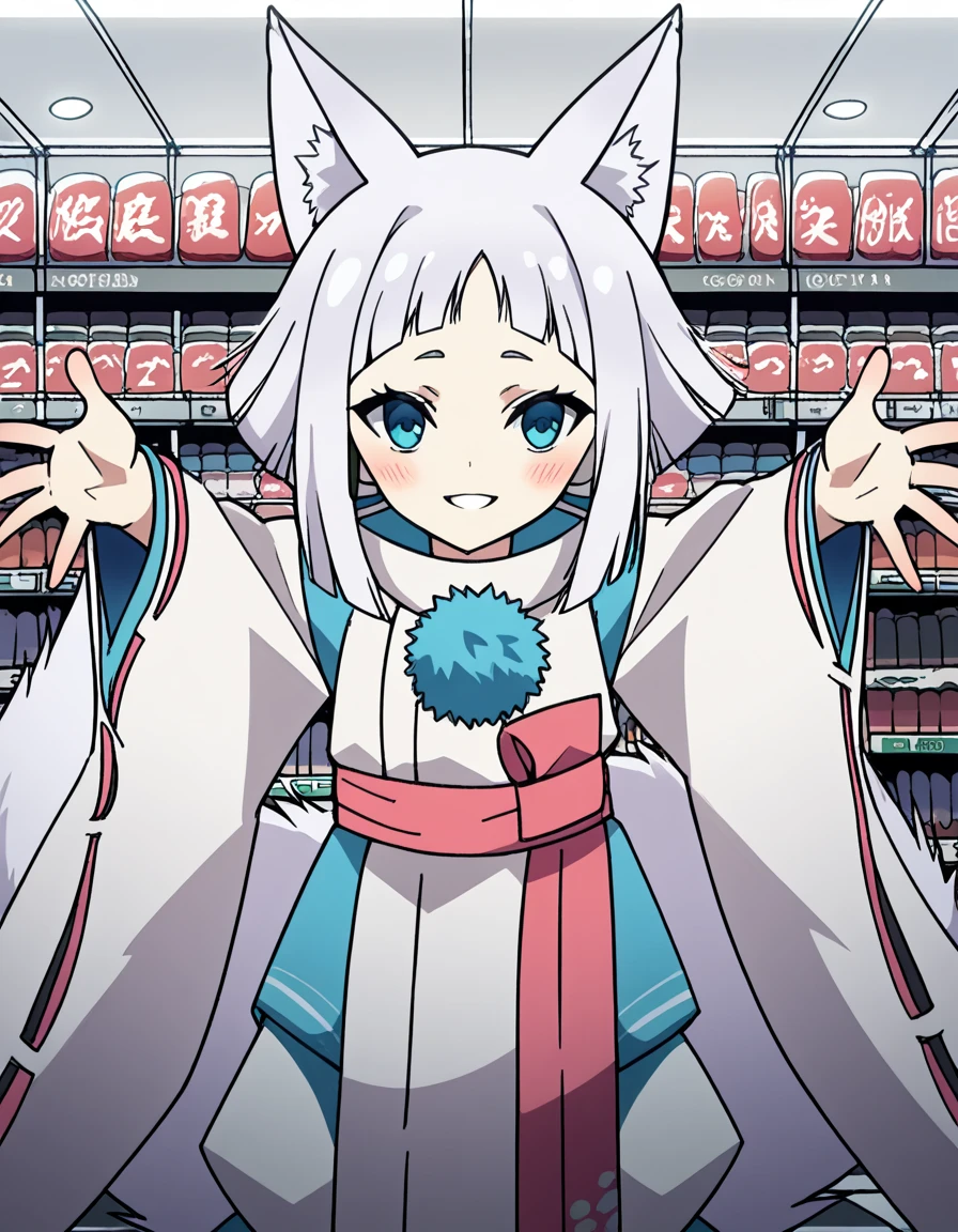 score_9, score_8_up, score_7_up, source_anime, <lora:tokyoravens-kon-s1-ponyxl-lora-nochekaiser:1>, kon, blue eyes, animal ears, tail, white hair, fox ears, fox tail, blunt bangs,, japanese clothes, sash, wide sleeves,, music store, browsing records, headphones, vinyl collection, nostalgic, , <lora:incoming-hug-ponyxl-lora-nochekaiser:1>, incoming hug, looking at viewer, reaching, reacing towards viewer, outstretched arms,, bedroom, smile, blush, parted lips, looking at viewer, solo,, dutch angle, cowboy shot