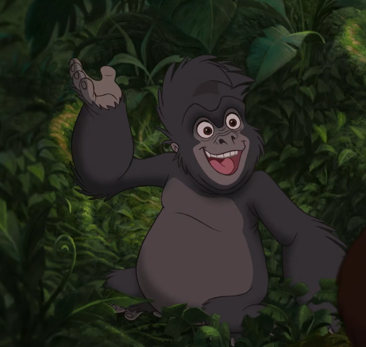 Terk from Tarzan, 1girl, gorilla, source cartoon, smile,
grey skin, black alfalfa haircut style.
forest,