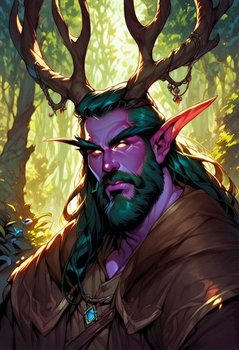 score_9, score_8_up, score_7_up, malfurion, western cartoon, detailed face, (mature face), solo male, 1boy, standing in forest, detailed background, wearing large druidic robes, brown robes, holding large gnarled staff, dynamic lighting, zoomed out image