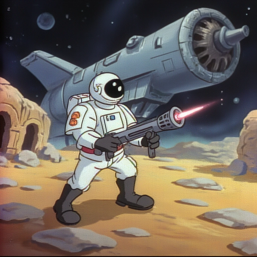 dtstyle , A cartoonish illustration , male astronaut wearing sleek modern spacesuit holding a retro laser pistol on (A massive, ancient spaceship floating derelict in deep space.),