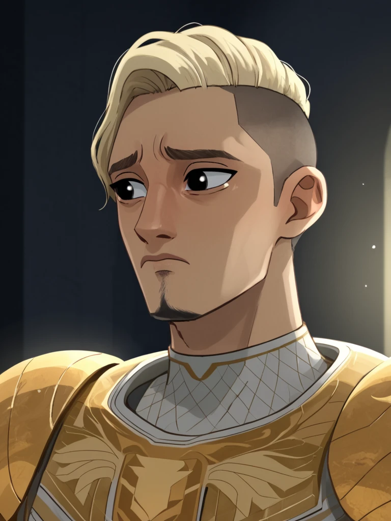 portrait of ambro_sius man, blonde hair, undercut, black eyes, golden armor, sad, dark lighting, <lora:Ambrosius_Goldenloin_Nimona:.9> facial hair