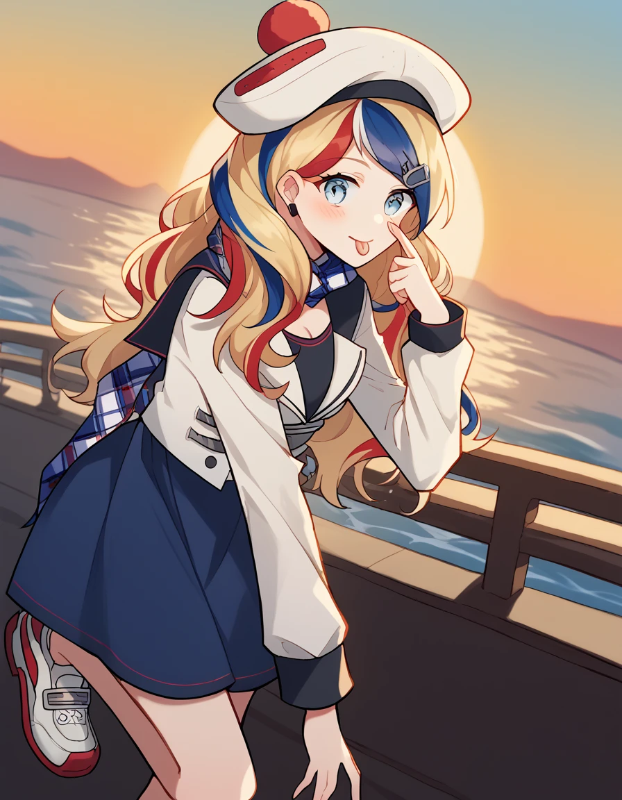 score_9, score_8_up, score_7_up, source_anime, <lora:kancolle-commandant-teste-ponyxl-lora-nochekaiser:1>, commandant teste, commandant teste (kancolle), blonde hair, blue eyes, blue hair, red hair, hair ornament, hair clip, long hair, multicolored hair, streaked hair, swept bangs, white hair,, beret, blue dress, buttons cleavage, double-breasted, dress, hat, jacket, long sleeves, plaid clothes, plaid scarf, sailor collar, scarf, white hat, white jacket, suburban neighborhood, morning jog, earphones, running shoes, fresh air, sunrise, , <lora:akanbe-ponyxl-lora-nochekaiser:1>, akanbe, eyelid pull, finger to eye, tongue out, :p, tongue, ;p, blush, leaning forward, bent over, from side,, looking at viewer, solo,, dutch angle, cowboy shot