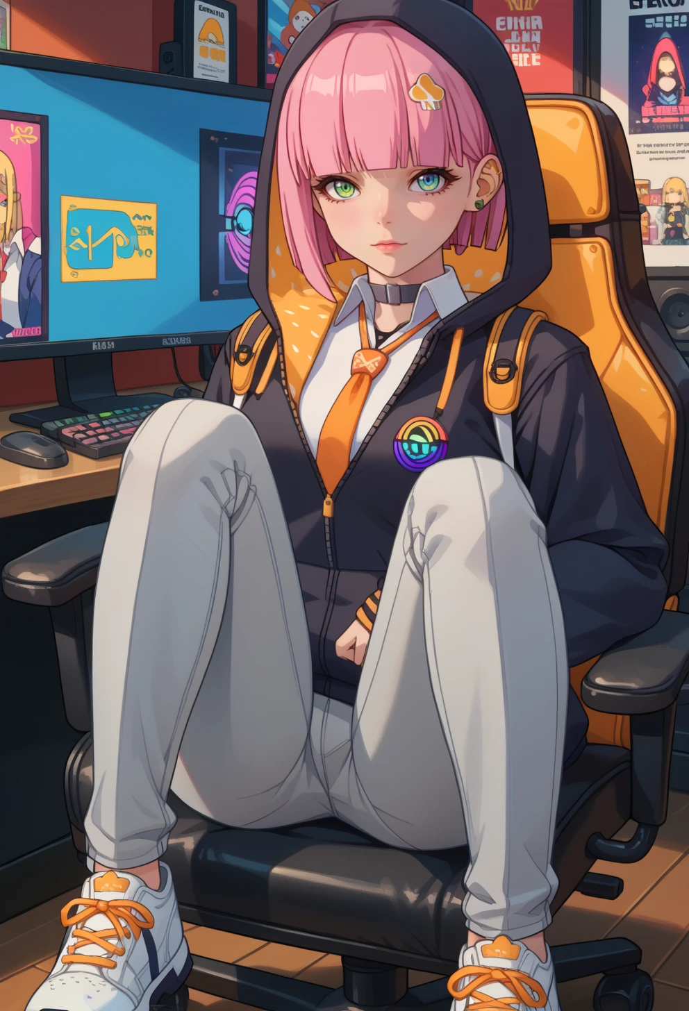 score_9, score_7_up, source_anime, solo, BREAK <lora:AERain-000009:0.9> AERain,multicolored eyes, green eyes, blue eyes, blunt bangs, Pink hair, short hair, asymmetrical bangs, hair ornament, hairclip, 
black choker, black hoodie, long sleeves,  Orange necktie, collared shirt, White shirt, grey pants, shoes, White footwear, zipper, zipper pull tab, Hood up, backpack,
multiple monitors, gaming chair, neon, dark,