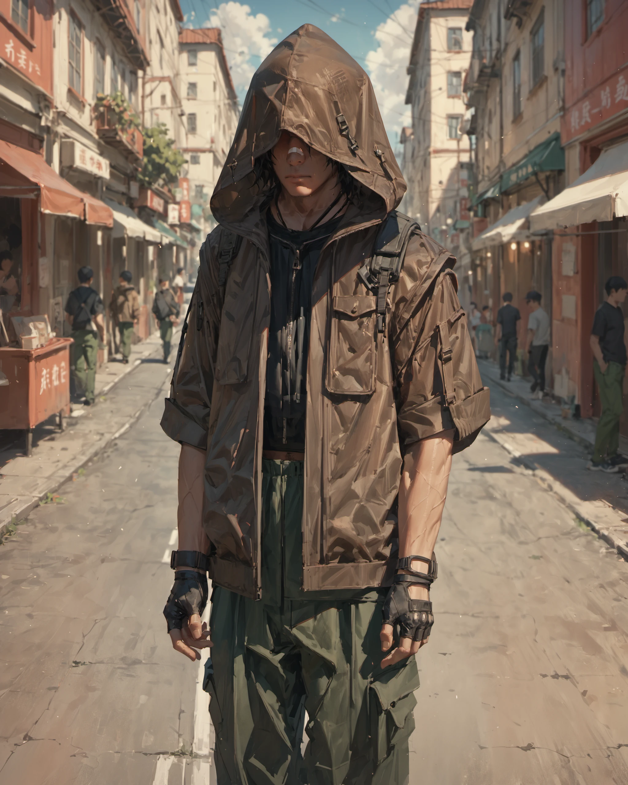 score_9, score_8, score_7_up masterpiece, amazing quality, hyper detailed, high resolution, highres, (embedding:zPDXL3:1.1),

1boy, solo, black hair,

brown jacket, hood, hood over eyes, standing, cargo pants, green pants, fingerless gloves, 

standing, outdoors, 