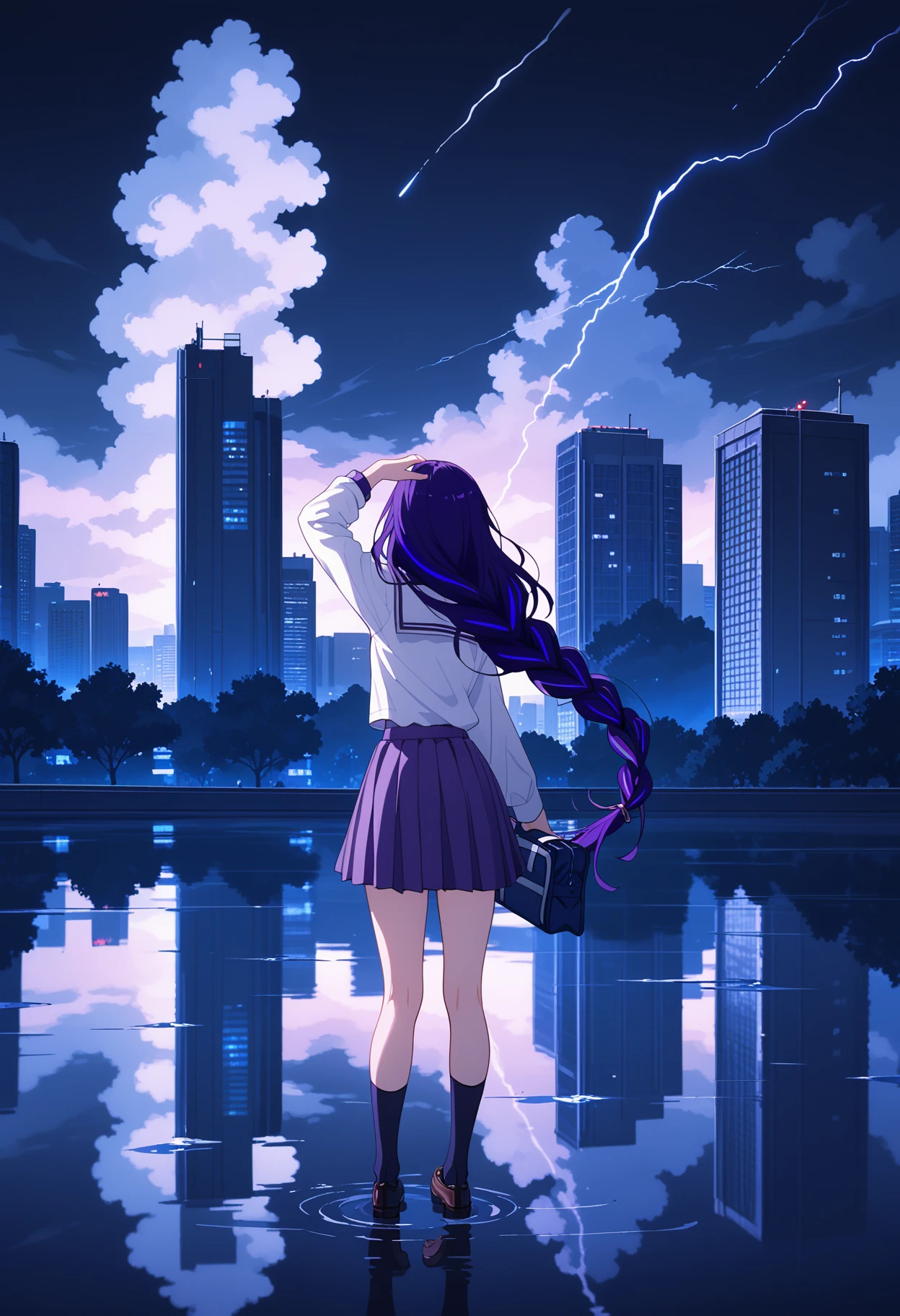 score_9, score_8_up, score_7_up, source_anime, 
BREAK 
1girl, solo, raiden shogun, water, 
outdoors, rain, night, reflection, school uniform, pleated skirt, white shirt, holding bag, school bag, loafers, wind, floating hair, lightning, purple aura, arm up, high quality, detailed shadow, water drop, 
city, cloud, outdoors, sky, scenery, cloudy sky, building, cityscape, standing, from behind, skyline, facing away, purple theme, water, skyscraper, star \(symbol\),