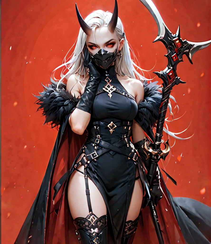 score_9,score_8_up,score_7_up,score_6_up,score_5_up,score_4_up,1girl,solo,looking at viewer,smile,white hair,red eyes,thighhighs,gloves,dress,holding,bare shoulders,weapon,horns,cape,holding weapon,black dress,fur trim,thigh boots,red background,single horn,hand on own face,black sclera,scythe,holding scythe,<lora:GrimmStyle-01:1>,<lora:add-detail-xl:1>,mouth mask,mask,<lora:masky:1>,ostentatious,