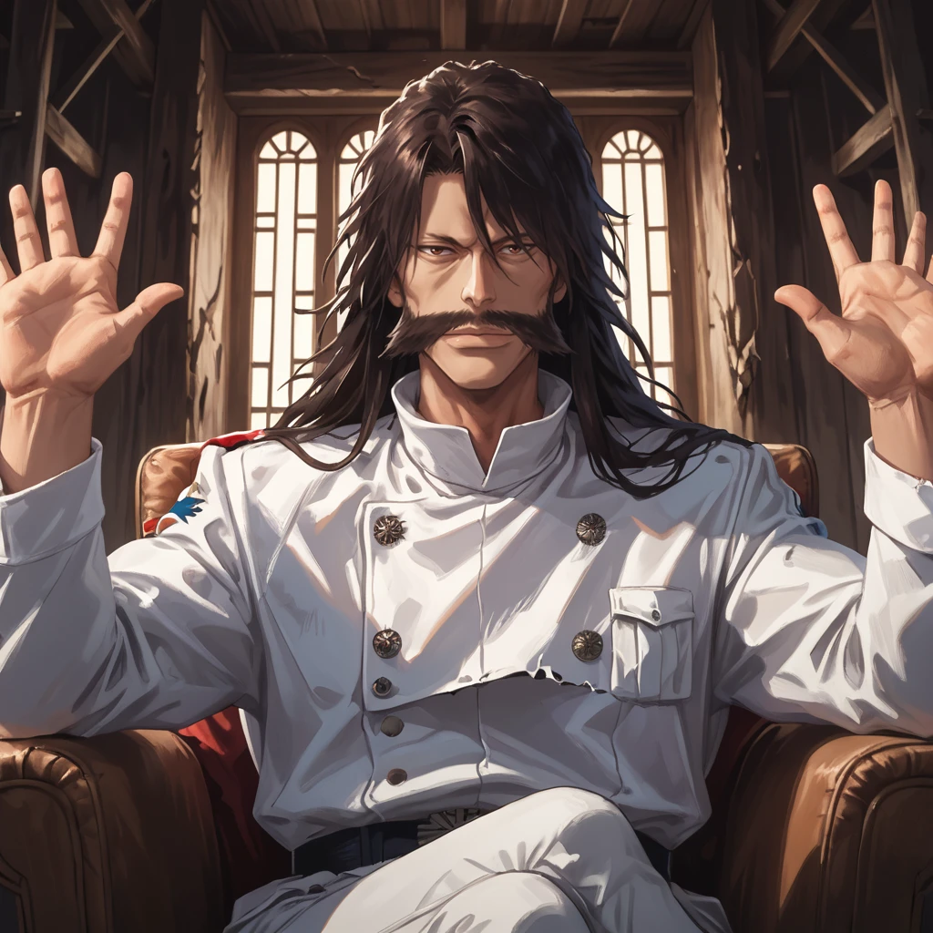 score_9, score_8_up, score_7_up,  score_6_up, score_5_up, score_4_up, masterpiece, high quality, detailed
1man, long black hair, dark brown hair, huge mustache, pronounced cheekbones, long nose, thin eyebrows, white boots, brown eyes, maroon-black cloak, broad chin, white uniform, close-up, upper body, <lora:yhwach:1> looking to the side, mysterious, Wrecked village, walking, broken, destroyed houses <lora:ScorseseCinemaMeme_PXL_Leaf2:1> ScorseseCinemaMeme, on chair, sitting, hands up, crossed legs,