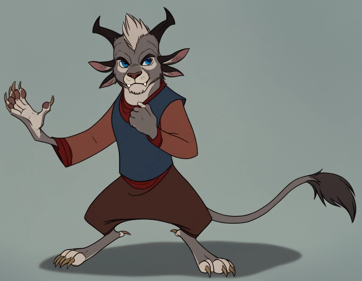 classicanimstyle, charr, felid, male, solo, anthro, mammal, 4 toes, 5 fingers, blue eyes, clothed, clothing, eyebrows, eyelashes, feet, fingers, fur, grey body, grey fur, horn,  toes, 4 ears <lora:classicanimstyleXL-V01:0.75>