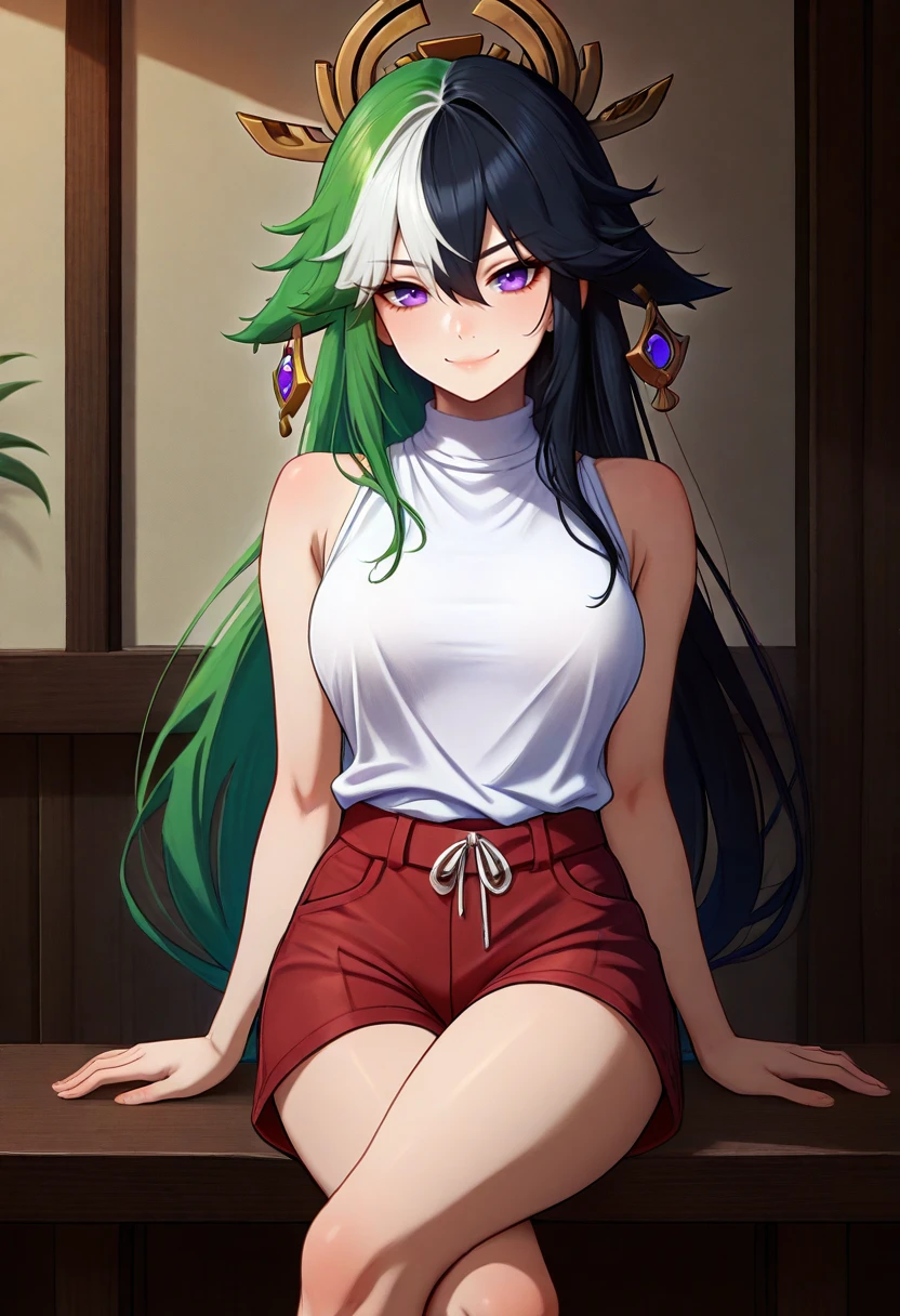 masterpiece, best quality, 1girl, solo, <lora:NSMelionPalHairIllu:1> NSMelionPalHair, green hair, black hair, white hair, multicolored hair, yae_miko, white shirt, red shorts, sitting, crossed legs, smile, hair between eyes, earrings, hair flaps, sleeveless, purple eyes, crown