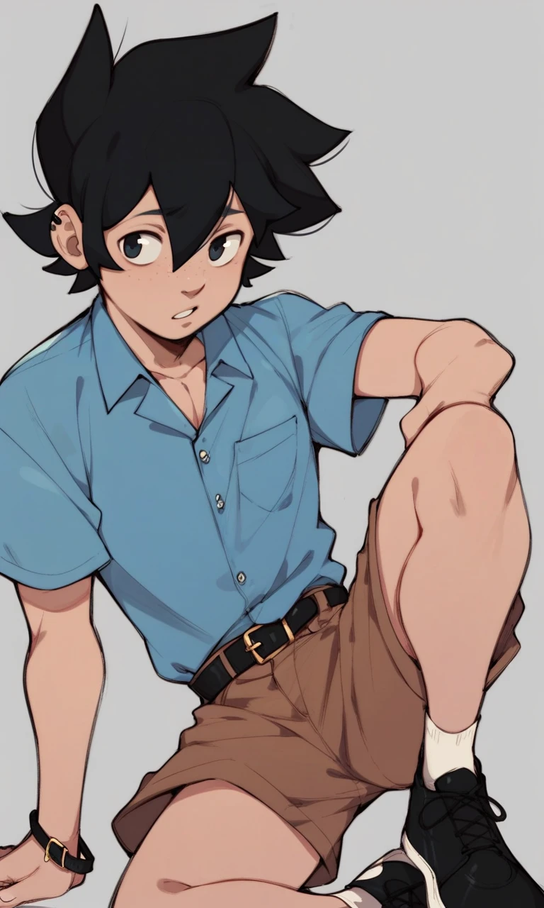  score_9, score_8_up, score_7_up, Jay Gigashima, black hair, peach skin, collared shirt, blue shirt, black belt, brown shorts, black shoes, 1boy, solo, solo focus, white socks