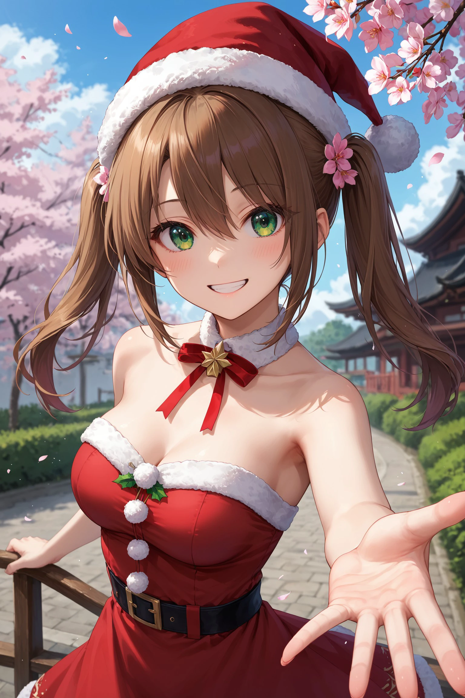 score_9, score_8_up, score_7_up, rating_safe, source_anime, safe, blurry background, depth of field, cherry blossoms,1girl, girl listening to music, solo, smile, flower, grin, branch, looking at viewer, pink flower,spring \(season\), colorful, blue sky, bangs, sky, white flower, portrait, outdoors, tree,hair between eyes, cloud, petals, blush, blurry, album cover, eyes visible through hair, outstretched arm, reaching towards viewer, hand, palm, BREAK, 1girl, green eyes, red dress, brown hair, santa hat, twintails, long twintails, red dress, exposed shoulders, breasts
