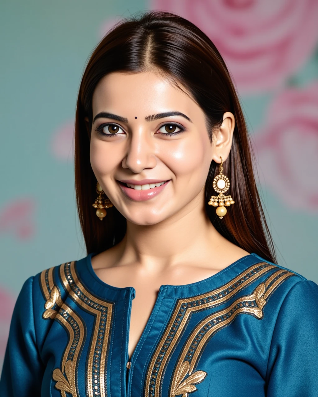 headshot photo samantha ruth prabhu woman,paparazzi photo, smiling face,studio quality, wearing intricate high neck elegant Sapphire  Pants_kurta, straight hair, darker pastel shaded multicolored background<lora:TestBed\Samantha_Ruth_Prabhu_Flux_Kohya_V1-000001.safetensors:1.0:1.0>