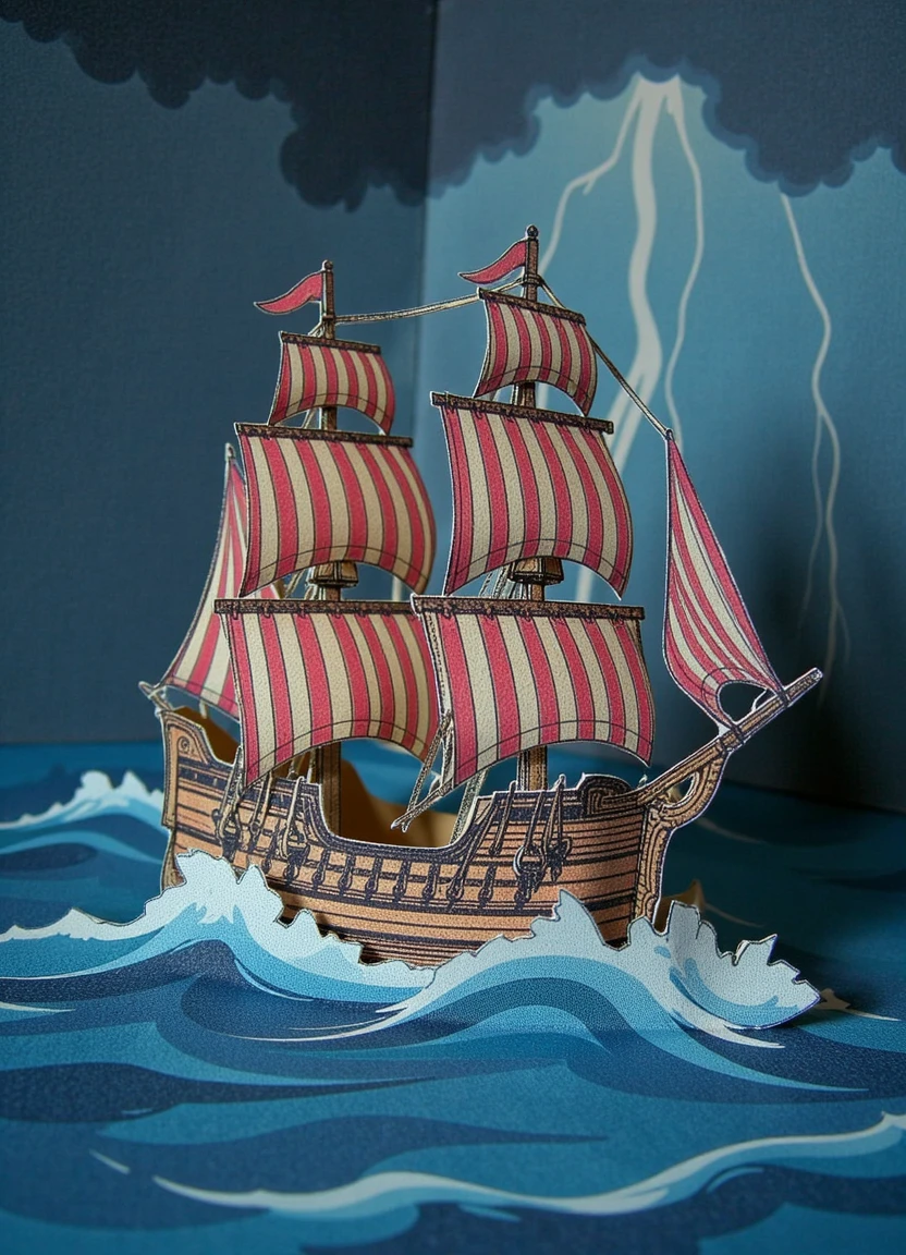 A paper model cutout of a pirate ship sailing in stormy seas, high waves crashing on the side of the ship. Storm clouds in the sky in the background, lightning bolts and heavy rain