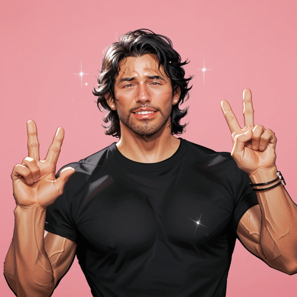 mark_iplier man, black hair, brown eyes, black shirt,   <lora:Markiplier_Youtuber:.9> bara, peace hand sign, simple pink background, sparkles, twinkle