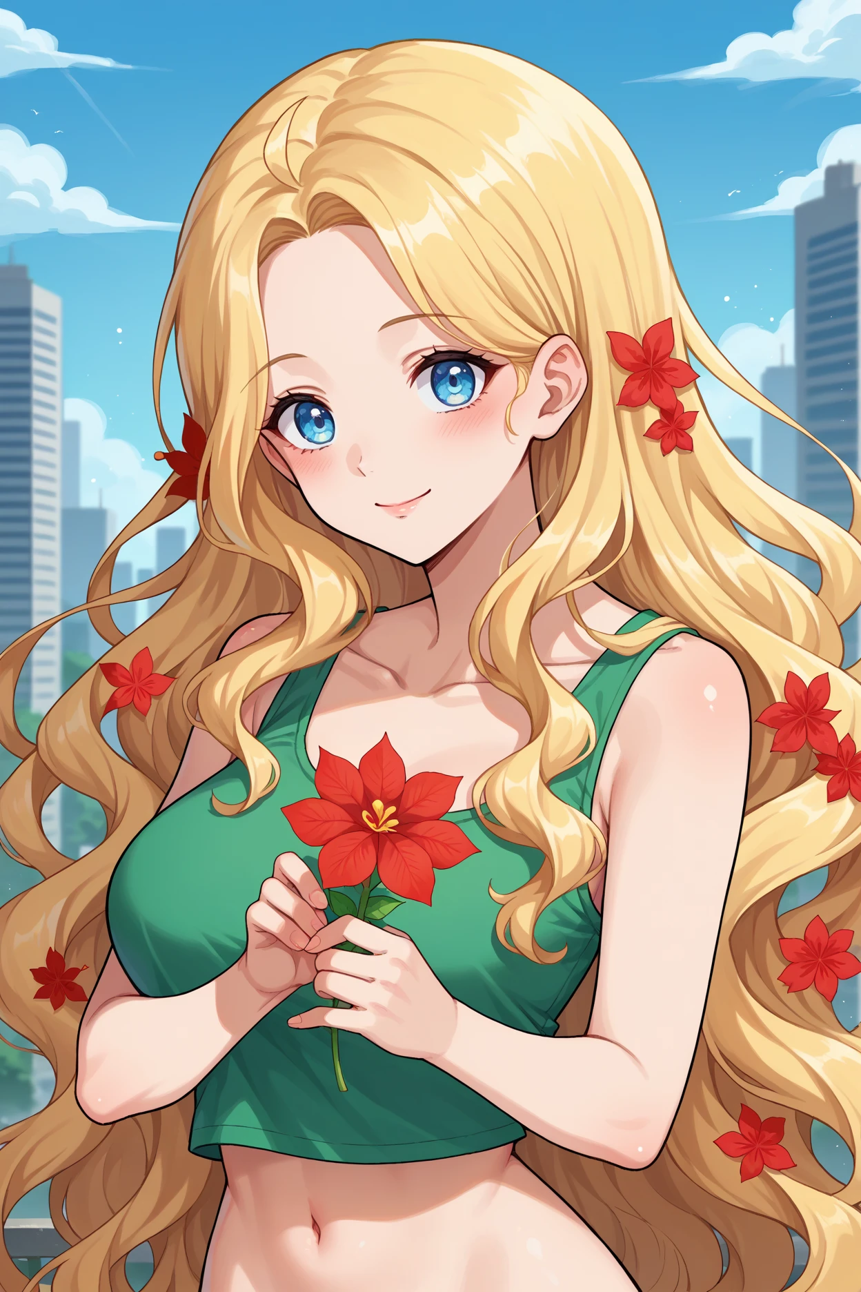 score_9, score_8_up, score_7_up, score_6_up, source_anime, 1girl, solo, <lora:snveve-pdxl-nvwls-v1-000005:1> snveve, blonde hair, wavy hair, long hair, hair flower, red leaves, blue eyes, green tank top, navel, upper body, portrait, blue sky, city, looking at you, smile, holding flower, large breasts, blush