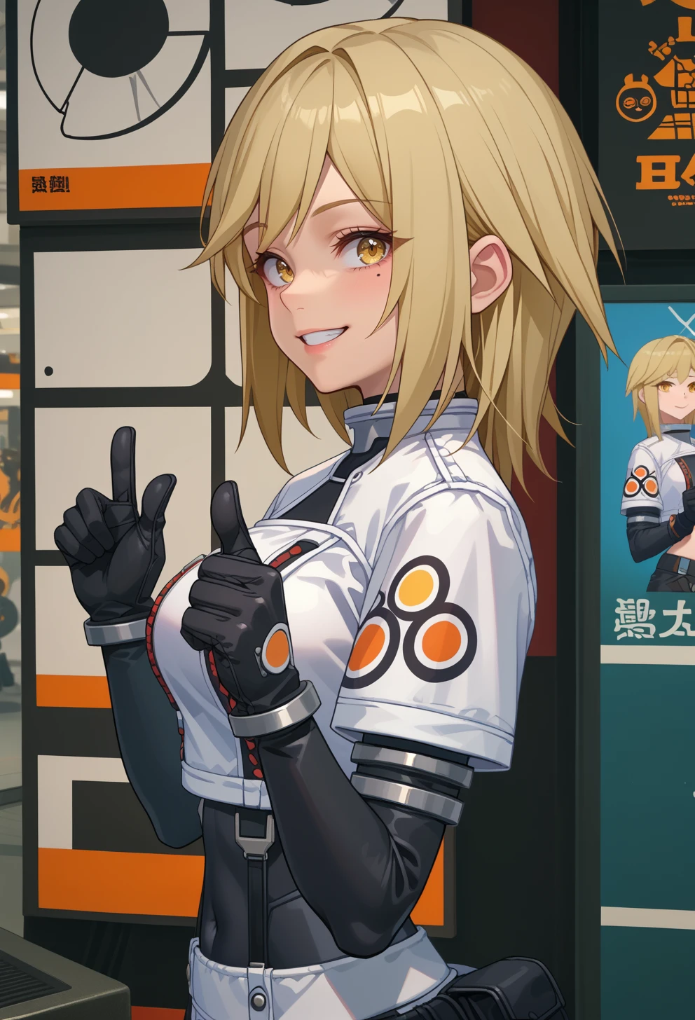 score_9, score_7_up, source_anime, solo, BREAK <lora:AEKylie:0.9> AEKylie, yellow eyes, blonde hair, medium hair, sidelocks, mole under eye, black bodysuit, covered navel, cropped jacket, white jacket, short sleeves, black gloves, 
portrait, hands up, double thumbs up, smile, from side,