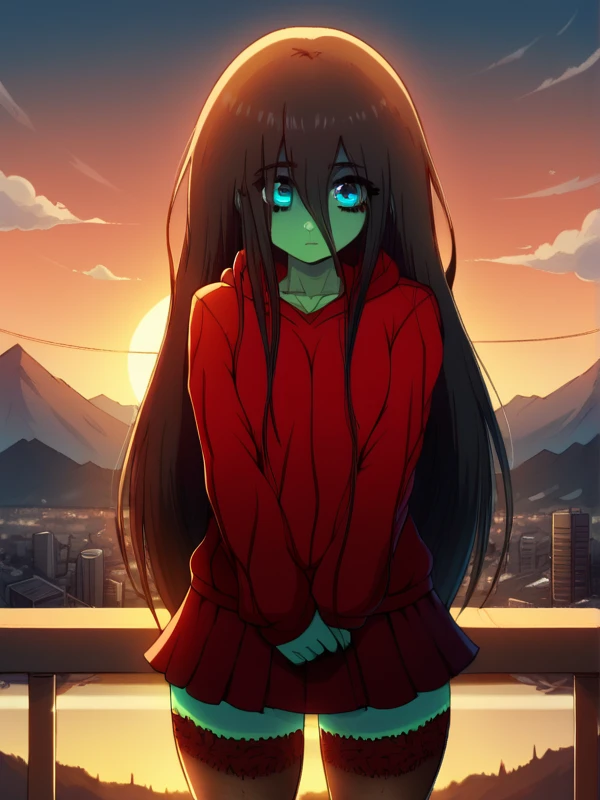 core_9, score_8, score_7,1girl,samarawaifu, skirt,skirt, stockings, green skin, red hoodies, blue eyes, look at viewer,  bangs,black hair, building, cityscape, cloud, cloudy sky,dusk, evening, gradient sky, horizon, very long hair, moon, mountain, mountainous horizon, ocean, orange sky, outdoors, power lines, red sky,  sky, solo, sun, sunset, twilight, wind, <lora:add-detail-xl:1>,  <lora:HandFixer_pdxl_Incrs_v1:0.5>,  <lora:Samara_character:1>