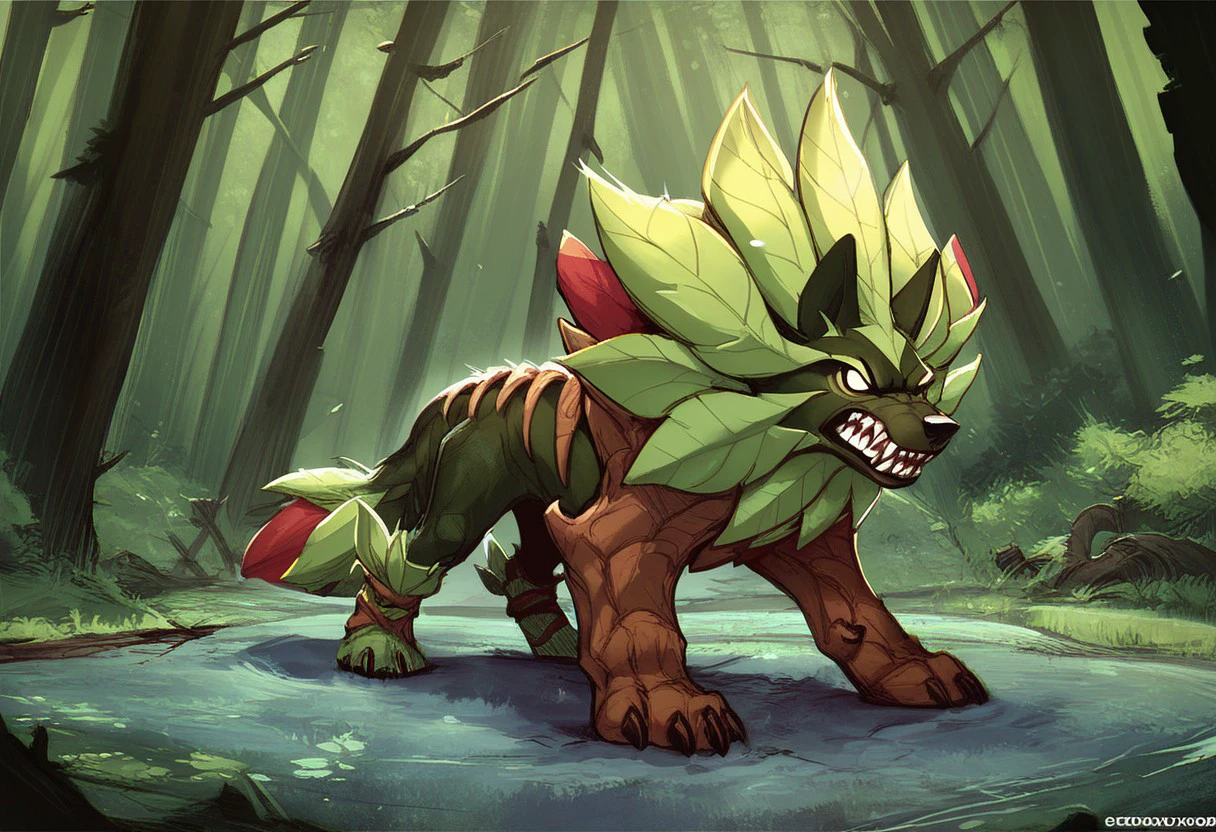 score_9, score_8_up, score_7_up, score_6_up, sylvanos, wolf, green fur, feral, white eyes, furry, male, solo, 1boy, standing, sharp teeth, looking at viewer, forest, growling,