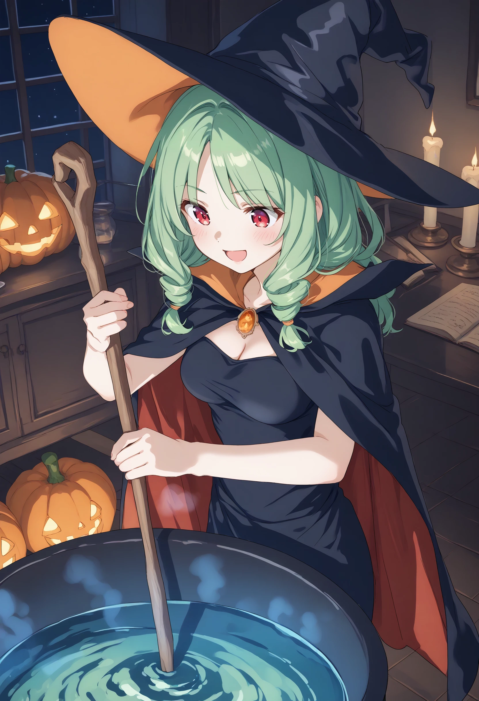 (masterpiece:0.7), (best quality:1.1),
(by sincos:0.5),(by ningen mame:0.5),(by toosaka asagi:0.5),
1girl,solo,medium breasts,
stirring, cauldron, holding, witch hat, standing, witch, indoors, fire, staff , halloween ,jack-o'-lantern,halloween costume, cape,night, <lora:stirring_Pony_v1:0.8>
from above, upper body, looking down, green hair, red eyes,fingersmile, faculty room, open mouth, topknot hair,