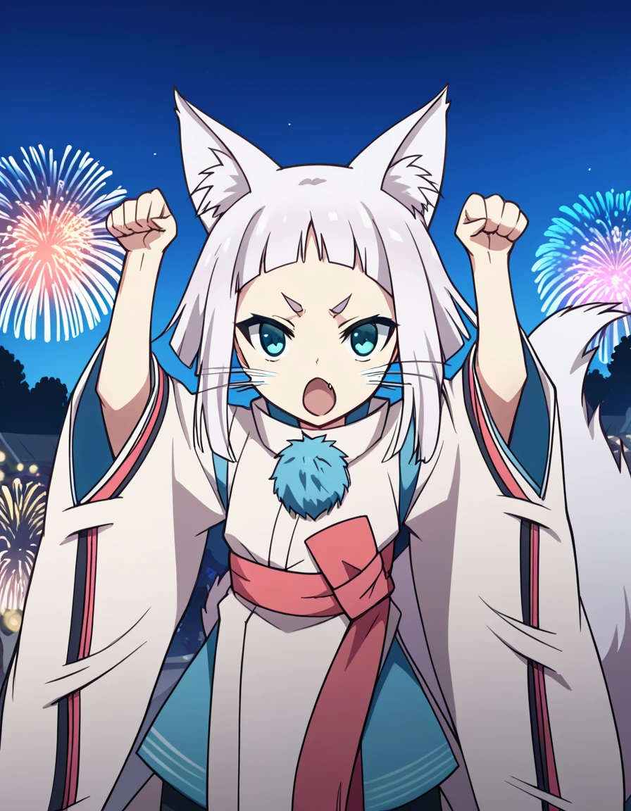 score_9, score_8_up, score_7_up, source_anime, <lora:tokyoravens-kon-s1-ponyxl-lora-nochekaiser:1>, kon, blue eyes, animal ears, tail, white hair, fox ears, fox tail, blunt bangs,, japanese clothes, sash, wide sleeves,, festival, fireworks, summer night, food stall, traditional, arms up,, , <lora:paw-pose-ponyxl-lora-nochekaiser:1>, paw pose, cat ears, cat tail, animal ears, tail, cat girl, open mouth, fang, whiskers,, looking at viewer, solo,, dutch angle, cowboy shot