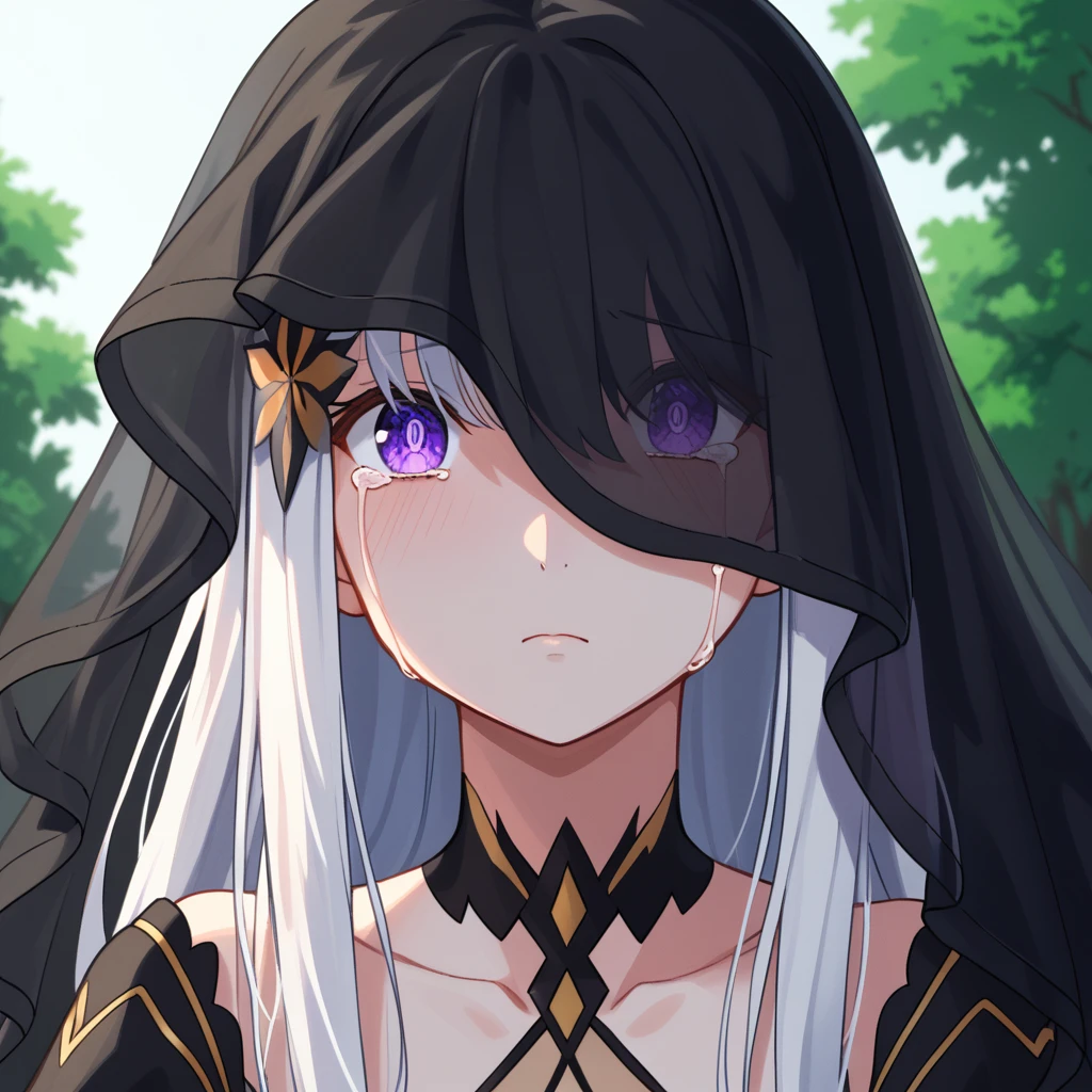 (Score_9, score_7:0.6), (masterpiece, best quality, good quality, newest:0.6),Satella, 1girl, long hair, white hair, tears, looking at viewer, dark aura, crying with eyes open, blue pupils, purple eyes, black veil, portrait, closed mouth, collarbone, upper body, outdoors, see-through veil, eye visible under veil, hair ornament,  veil over eyes, covered eyes,   <lora:Satella-XL-V3:1>âââ