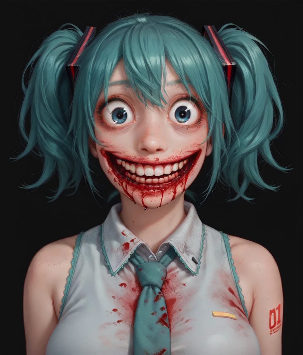 Score_9,score_8_up,score_7_up,solo,hatsune miku,messy hair,twintails,teeth,big breasts,curvy,smile,thick thighs,wide hips,wide eyed,big eyes,necktie,sleeveless,blood stain,no_humans,dreepy,horror,black background,black_theme,close-up,<lora:Horror_Digital_Horror:0.8>,<lora:Style_Expressive_H_v1:0.8>,looking at viewer,