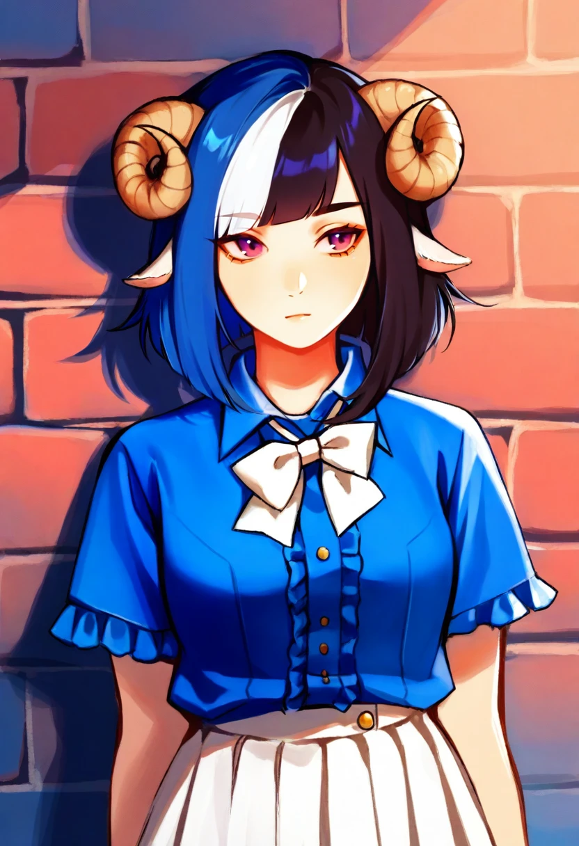 chadolbaegi, masterpiece, best quality, 1girl, solo, blue t-shirt, white skirt, alleyway, brick wall, frills, bowtie, sheep horns, sheep ears, <lora:NSMelionPalHairIllu:1> NSMelionPalHair, blue hair, black hair, white hair, multicolored hair, blue, inverted bob, medium hair, short sleeves