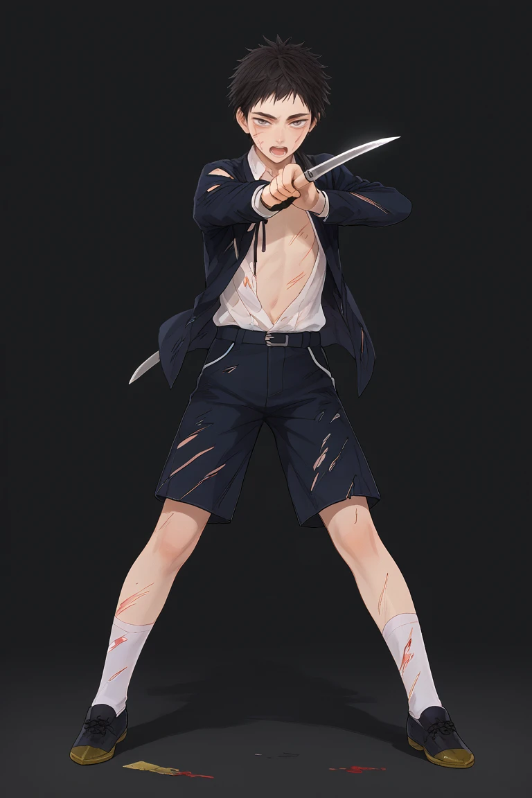 score_9, score_8_up, score_7_up, score_6_up, atsushi toushirou, black hair, grey eyes, hanamaru style, 1boy, tantou, male focus, shorts, short sword, injury, open shirt, weapon, torn clothes, open clothes, solo, sword, shirt, open mouth, blood, full body, socks, torn shirt, cuts