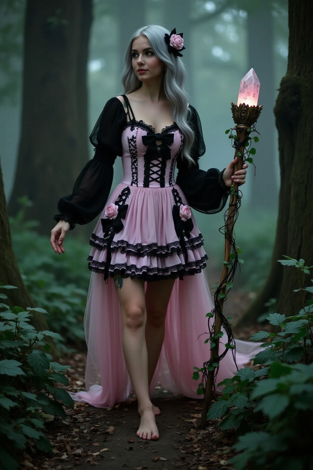 wearing pink goth dress, In a mystical forest bathed in the glow of bioluminescent flora, a barefoot female forest guardian steps gracefully through the mist. Her skin shimmers like moonlight, and her flowing silver hair is adorned with glowing flowers. She wears a gown woven from spider silk, with patterns of leaves and vines that seem to grow as she moves. Her deep green eyes reflect ancient wisdom, and in her hand, she holds a staff entwined with living vines and crowned with a glowing crystal.