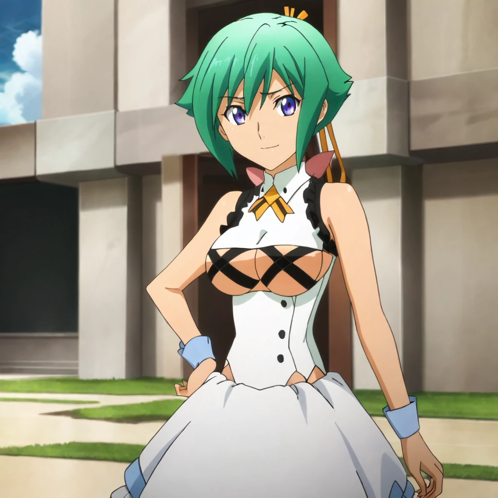 <lora:zessicawongaquarion_pony_v1:.8> ZessicaDress, 1girl, green hair, medium breasts, purple eyes, short hair, underboob, wrist cuffs, hair ribbon, clothing cutout, cleavage cutout, bare shoulders, cowboy shot