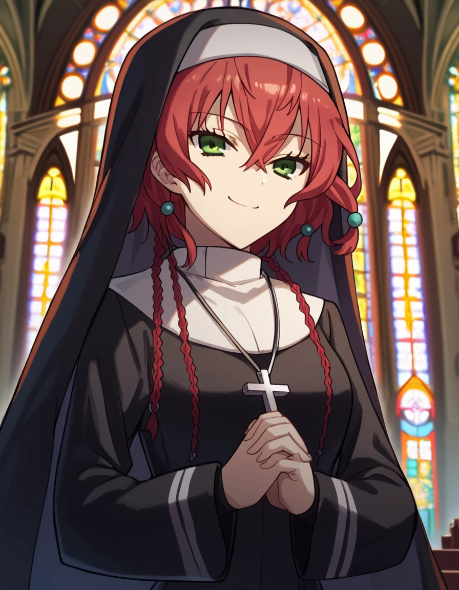 score_9, score_8_up, score_7_up, source_anime, <lora:takiko-souma-s1-ponyxl-lora-nochekaiser:1>, takiko souma, short hair, green eyes, braid, red hair, medium breasts, hair ornament,, <lora:traditional-nun-ponyxl-lora-nochekaiser:1>, traditional nun, nun, habit, long sleeves, dress, black dress, jewelry, black veil, cross, cross necklace,, church, smug, praying,, , dutch angle, cowboy shot