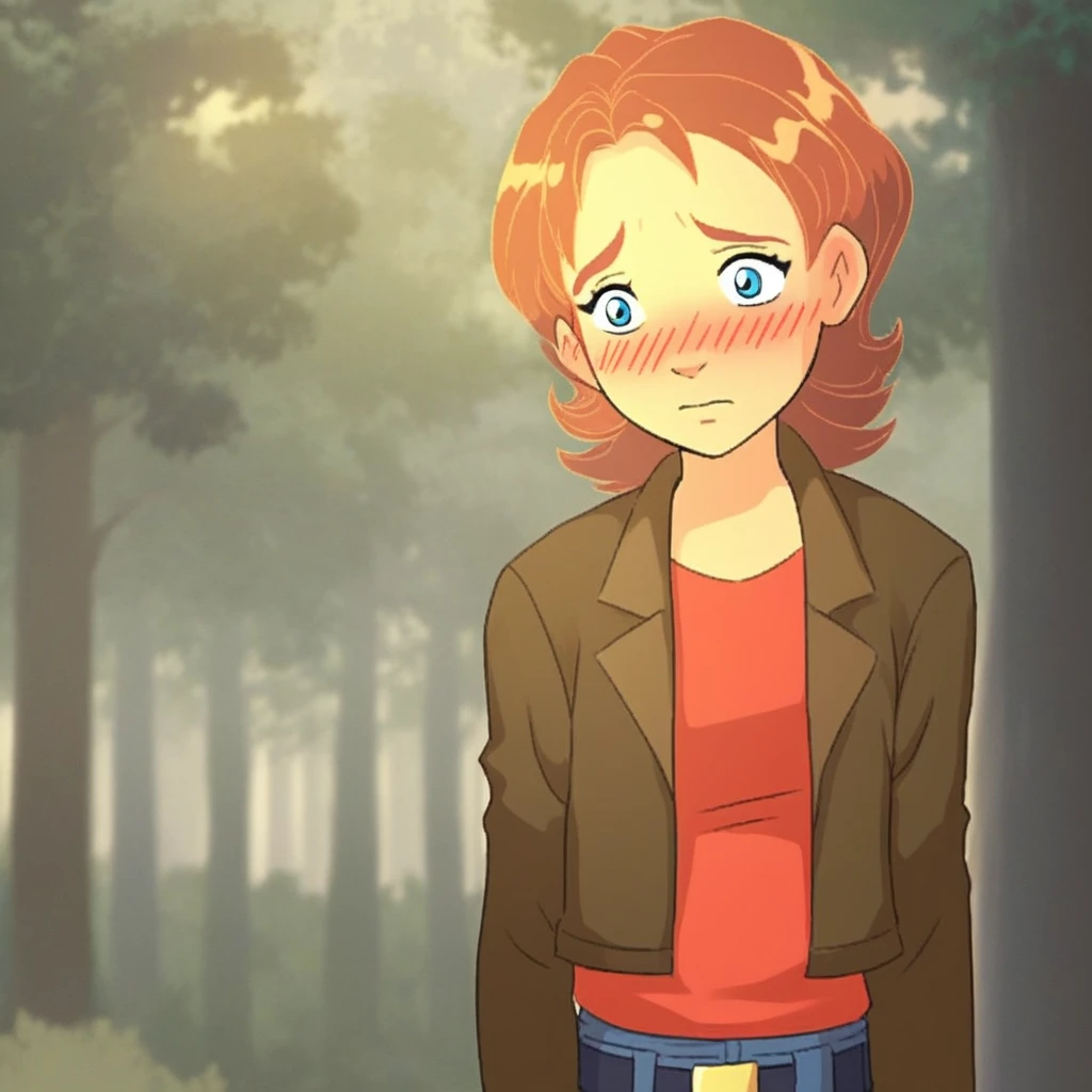 score_9, solo, irma_l, auburn hair, short hair, blue eyes, jacket, red shirt, jeans, belt, trees, blush, shy, natural lighting