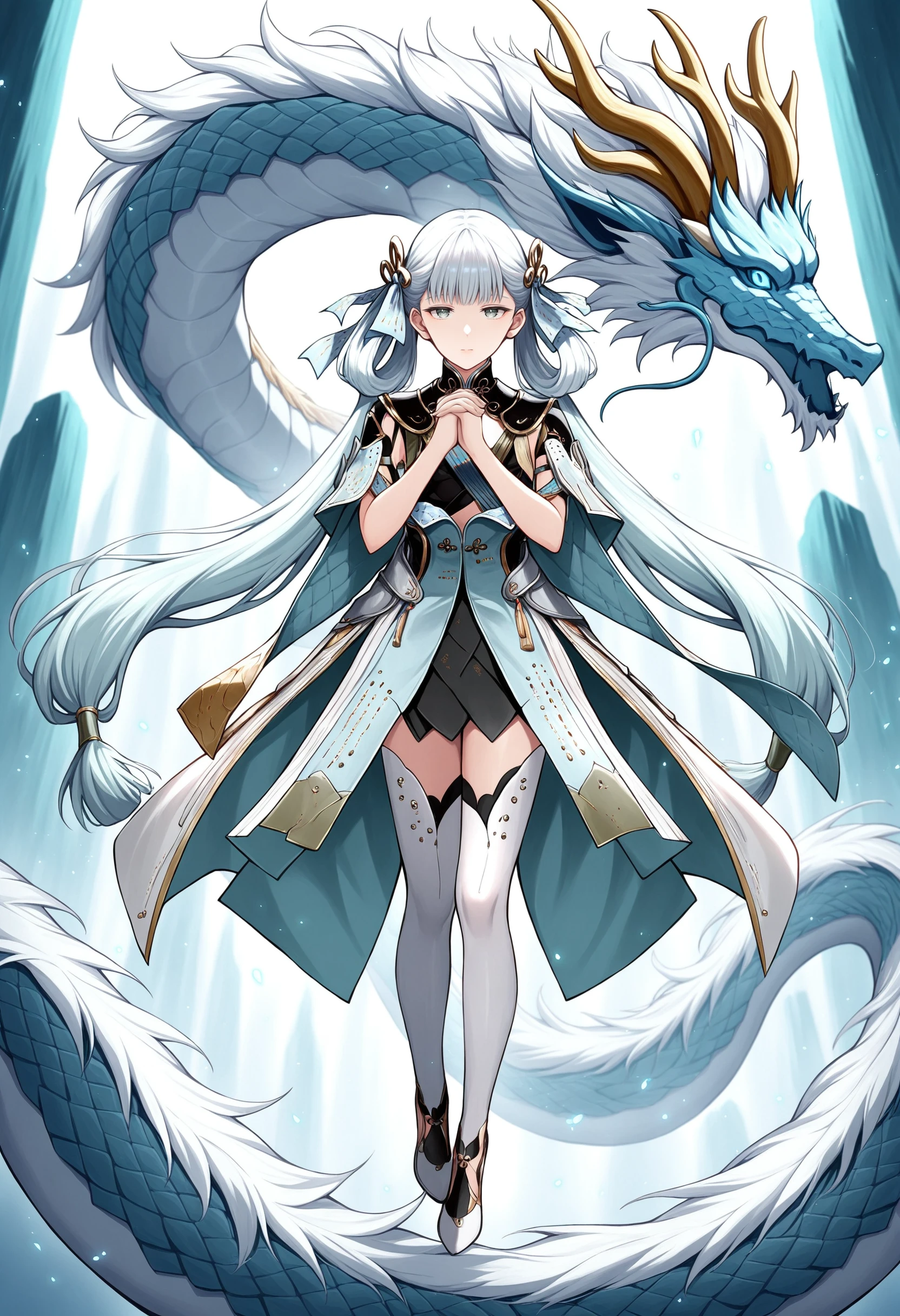 masterpiece, best quality, good quality,
1girl, jinhsi \(wuthering waves\), long hair, white hair, dragon, eastern dragon, full body, own hands clasped, own hands together, looking at viewer, thighhighs, white thighhighs, standing, floating,