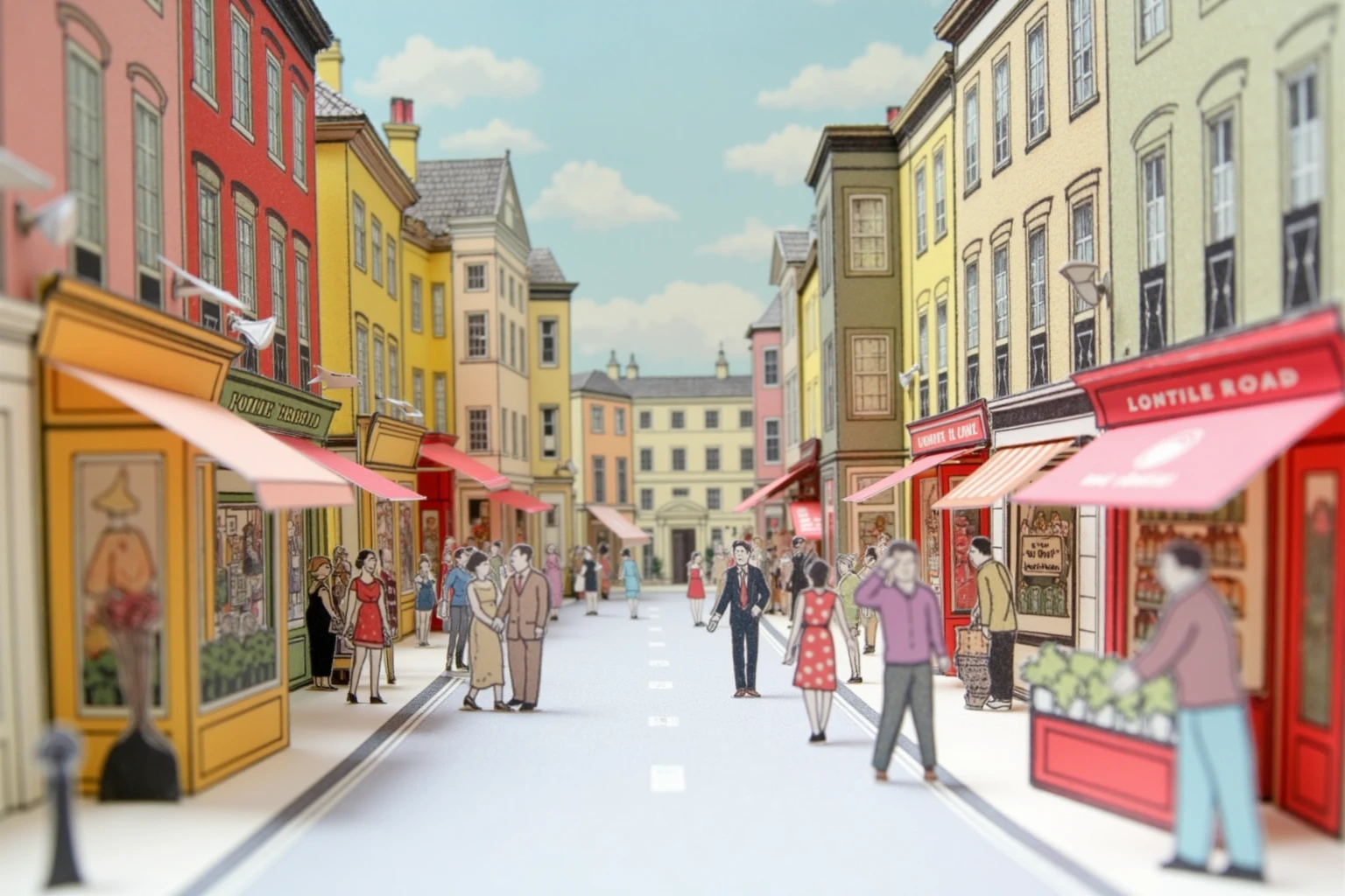 A paper model cutout depiction of a scene from Notting Hill in London. A bustling Portobello Road filled with colorful shops, happy people walking on the streets, made of paper