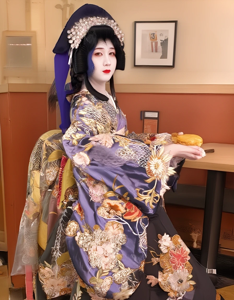 A Onnagata is sitting in a McDonald's restaurant happily eating a hamburger and fries., kanzashi, solo, <lora:FLUX_Onnagata_V1-4329:0.9>, portrait, long sleeves, floral print, print kimono, from side, food, red lips, eyeshadow, wide sleeves