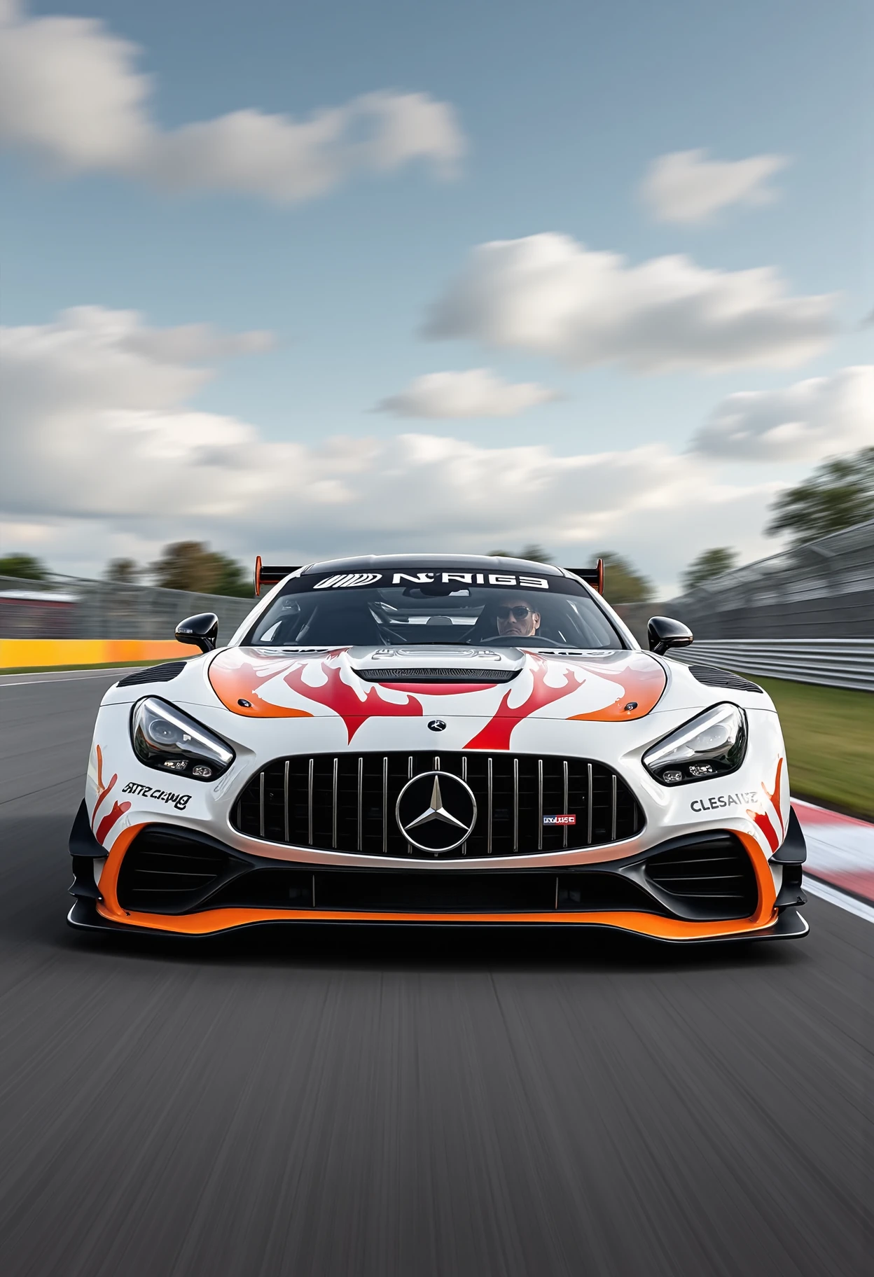 from front from below, white with painted orange and red flames dvr-mercedes-amg-cle53 speeding on a race track <lora:dvr-mercedes-amg-cle53:1>