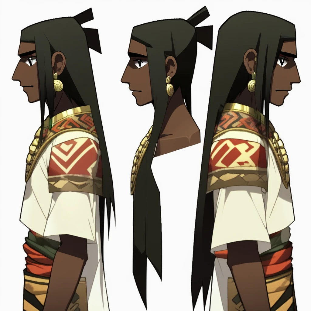 aztec,1boy,facial mark,from side,aztec clothes,dark skin,laincloth,robe,barefoot,full body,long black hair,anime style,facial mark 4