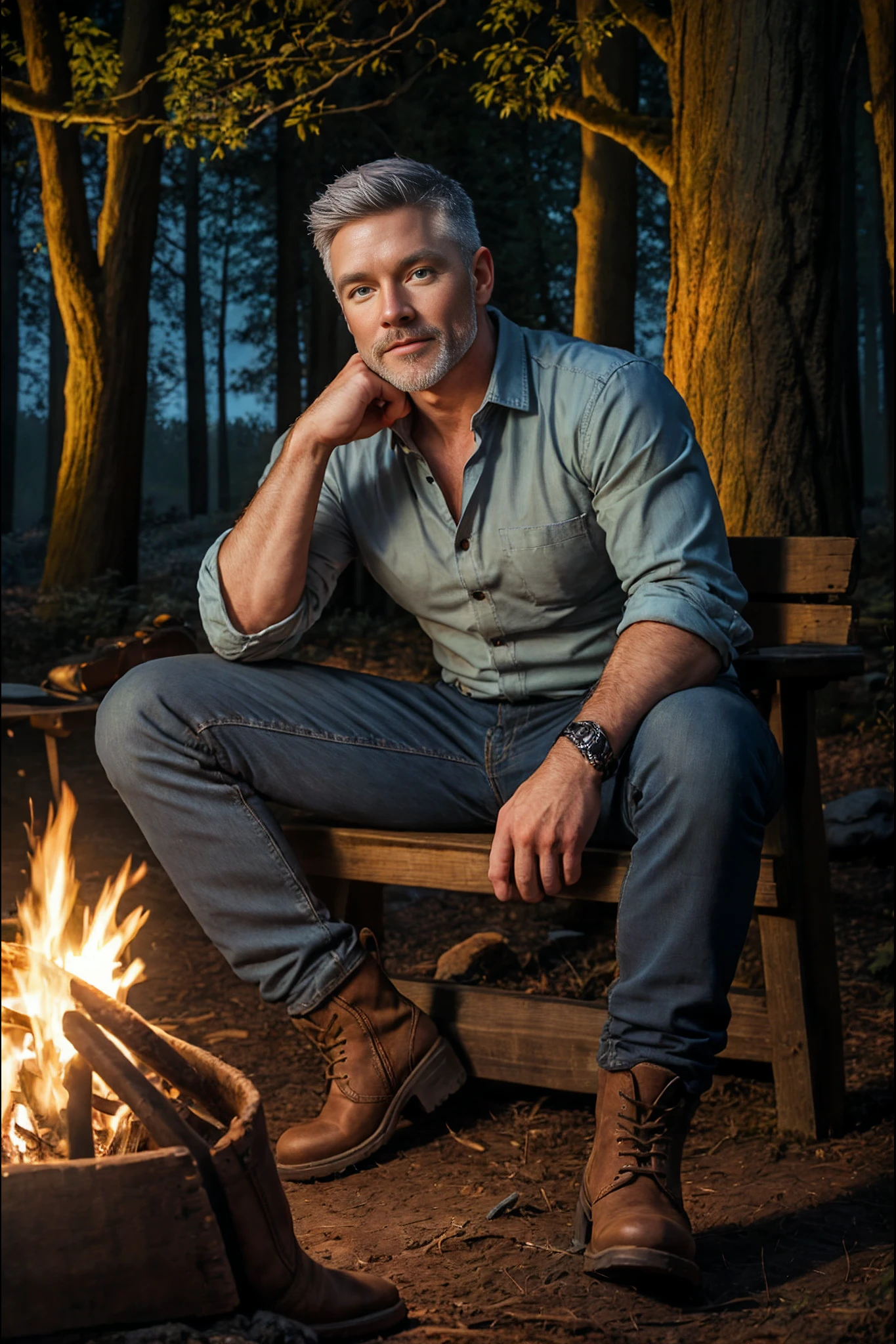 <lora:Malcom_Edge_V1_GV:1>, Grey hair, blue eyes. Daddy, Masterpiece, photo-realistic, Crystal clear, highly detailed, college man. He is sitting near a (cozy bonfire) in a ((dark forest at night)), wearing denim pants, shirt, brown boots, rolled up sleeves.