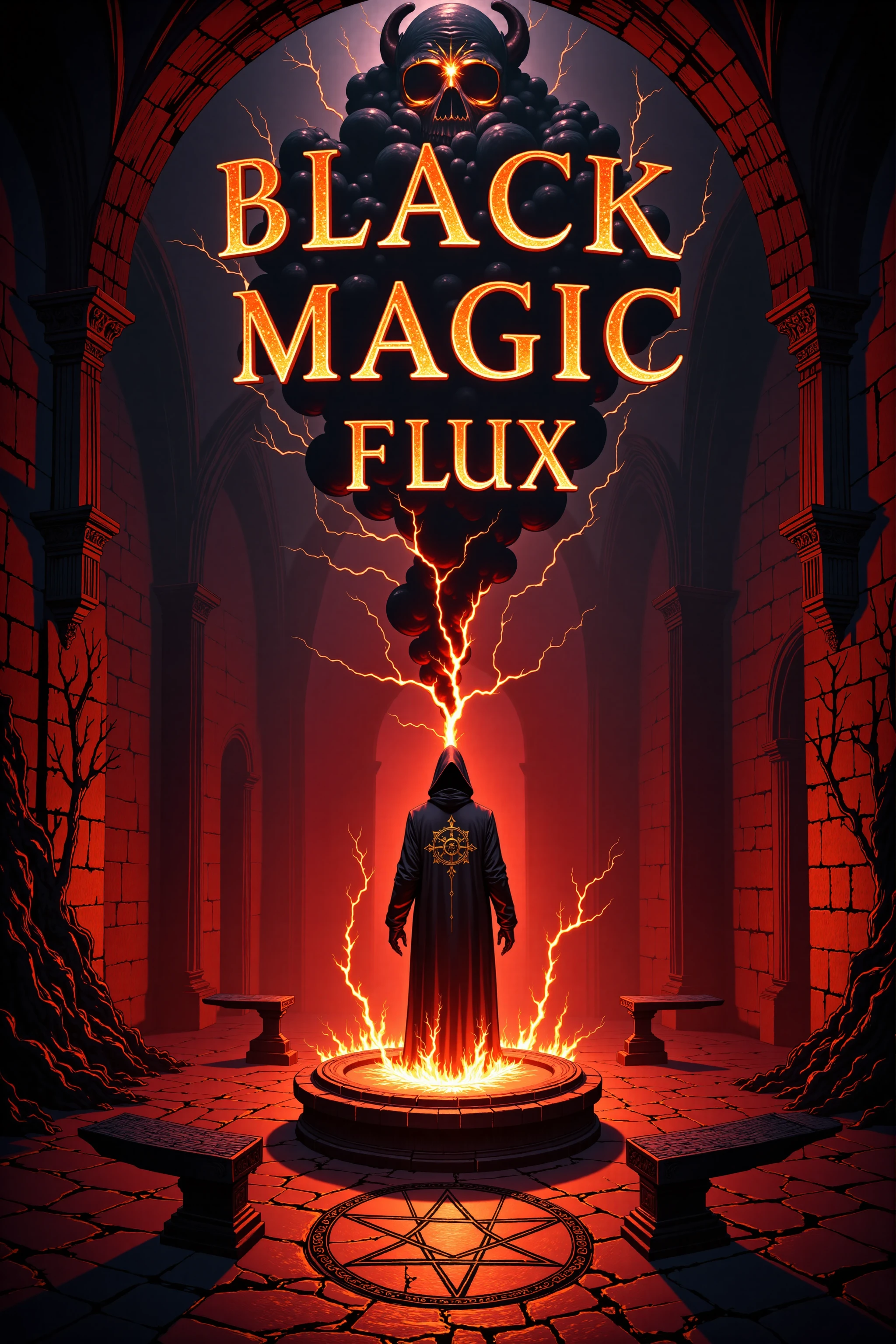 "A dark ritualistic chamber lit only by the eerie glow of 'BLACK MAGIC FLUX' scrawled across the air in burning red and black, crackling with a chaotic energy that warps the space around it. The text is surrounded by floating sigils and occult symbols, constantly rearranging themselves in an infinite loop. Thick, black smoke coils up from a glowing pentagram carved into the stone floor, where a hooded figure levitates with pitch-black eyes and veins of dark energy coursing through their skin. The walls are covered in pulsating organic matter, like veins of some cosmic beast, and whispers of forbidden knowledge echo through the air, growing louder as the 'BLACK MAGIC FLUX' pulses in time with the figure's breathing. The whole scene feels like itâs vibrating on the edge of another dimension, ready to collapse and pull everything into its dark embrace."