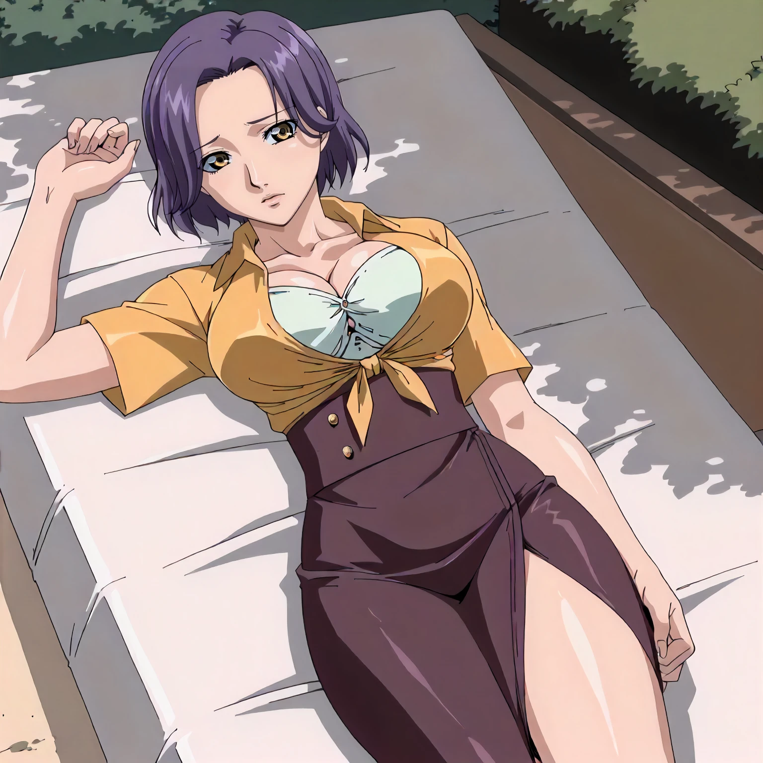 <lora:GSE_HanaeXLpony001>,
outdoors,
solo,
Hanae,1girl,mature female,purple hair,short hair,yellow eyes,
large breasts,
tied_shirt,yellow shirt,bra peek,
high-waist_skirt,
on back,lying,