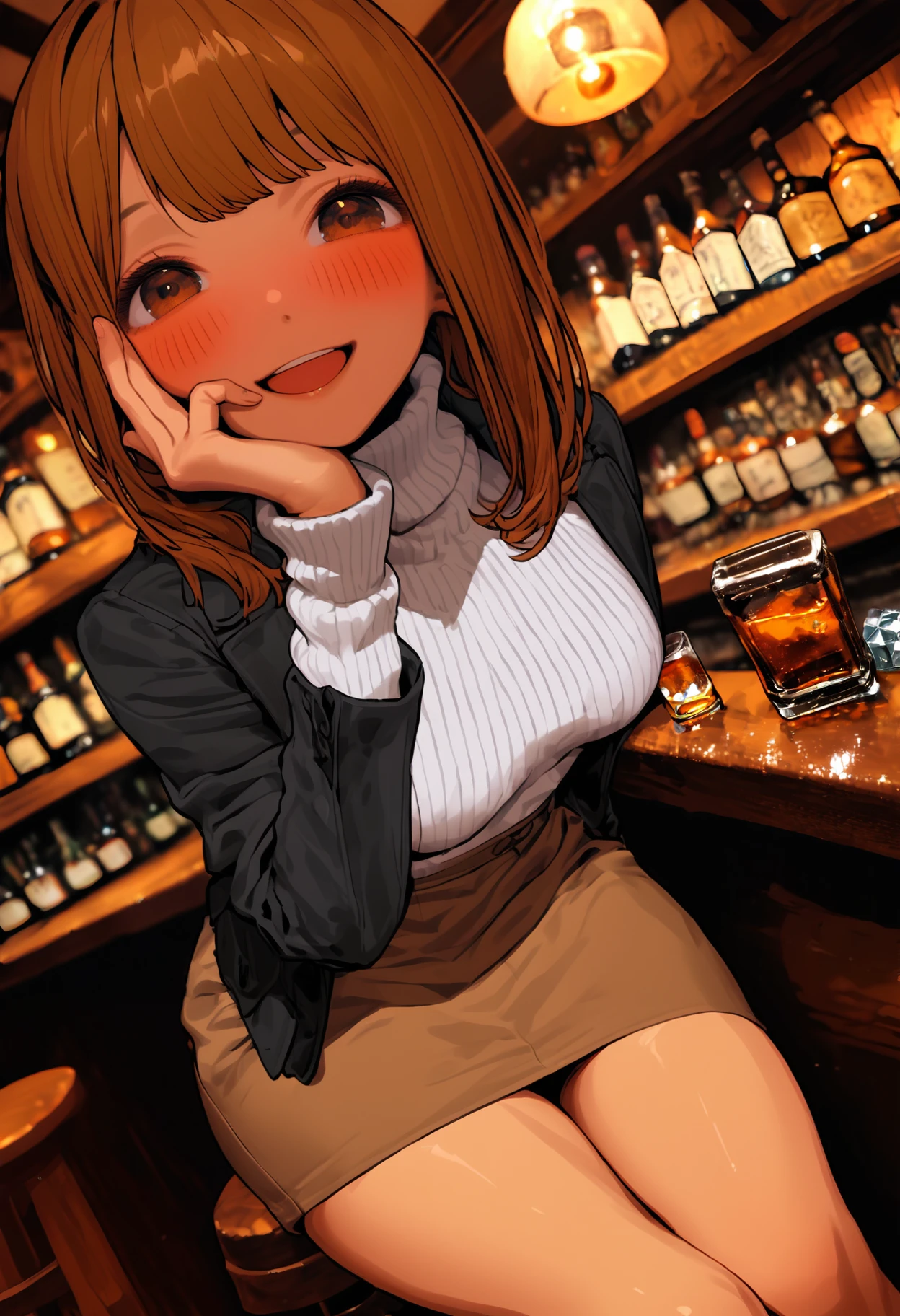 score_9, score_8_up, score_7_up, score_6_up, best quality, source_anime BREAK, aosiai123, 1girl, looking at viewer, brown hair, brown skirt, white sweater, blush, long sleeves, sitting, black jacket, brown eyes, smile, open mouth, alcohol, bar (place), turtleneck sweater, medium breasts, indoors, cup, thighs, counter, upper teeth only, long hair, bar stool, whiskey, head rest, ribbed sweater, drinking glass, sidelocks, bottle, dutch angle, hand on own face, ice cube, feet out of frame, hand on own cheek, drink, miniskirt, open jacket, <lora:aosiai123:1>
