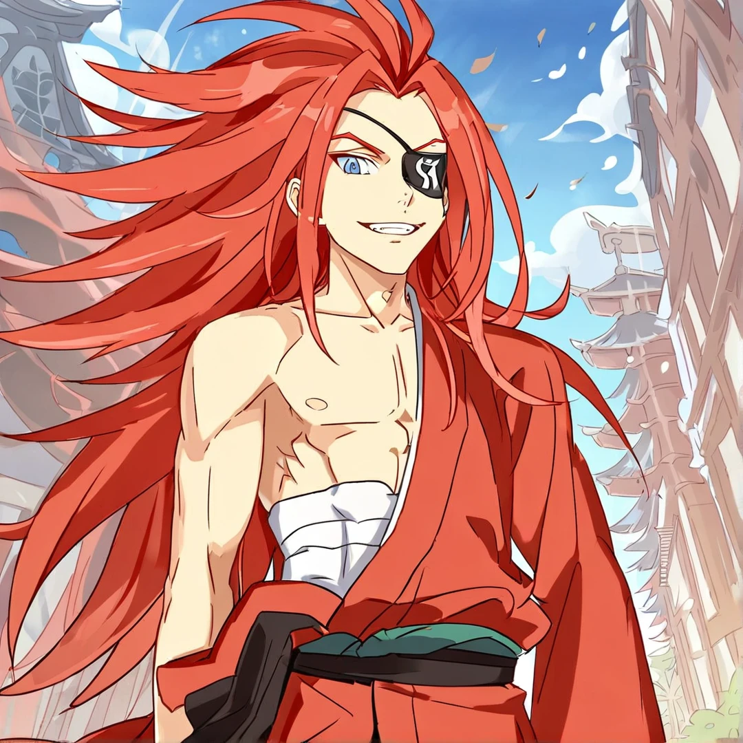 <lora:ReidAstrea:1>, reid, had waist length, fiery red hair, sky blue eyes, with a muscular body, he wore a crimson kimono, which he only wore half of, leaving the right side uncovered, a white sarashi around his body, and a black eye patch over his left eye, that has an ugly pattern, solo, in a city, trees, buildings