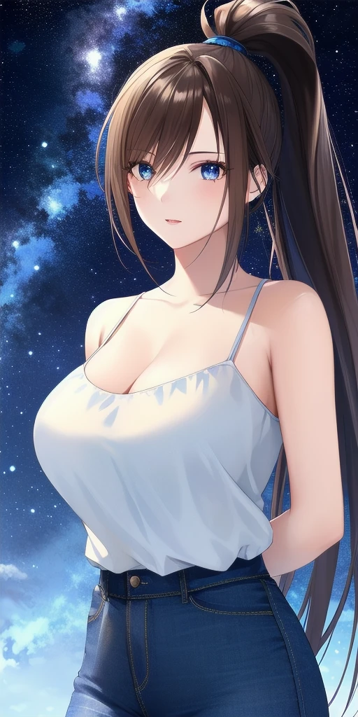 <lora:SatsukiV3:0.7> kitaooji_satsuki_high_ponytail, huge_breasts, standing, solo, arms_behind_back, starry_sky, white_dress,, masterpiece, best_quality, detailed_face, detailed_eyes, highres, beautiful, detailed, absurdres,