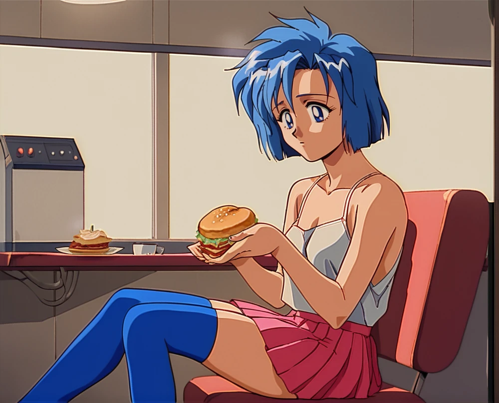 <lora:Haruka_Tachibana_Angel_of_Darkness_2_æ·«ç£æå¸«:0.99> harukaaod2, 1girl, solo, blue hair, short hair, retro artstyle, 1990s (style), blue eyes, nude, thighhighs,  shirt, pleated skirt,  sitting in a fast food restaurant, heating a huge messy sandwich,, score_9, score_8_up,score_7_up, masterpiece,