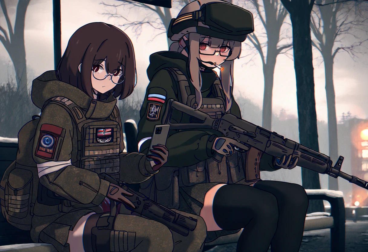 multiple girls, 2girls, b1-517, looking at viewer, smile, short hair, skirt, brown hair, long sleeves, gloves, red eyes, thighhighs, holding, sitting, jacket, weapon, glasses, holding weapon, bag, uniform, gun, zettai ryouiki, military, military uniform, phone, backpack, cellphone, helmet, holding gun, smartphone, semi-rimless eyewear, rifle, holding phone, brown gloves, pouch, cigarette, green jacket, under-rim eyewear, smoking, assault rifle, dark, camouflage, holding cigarette, soldier, patch, tactical clothes, camouflage jacket, battle rifle, tree, night, building, bare tree, film grain, photo background, masterpiece, best quality, newest, absurdres, highres,