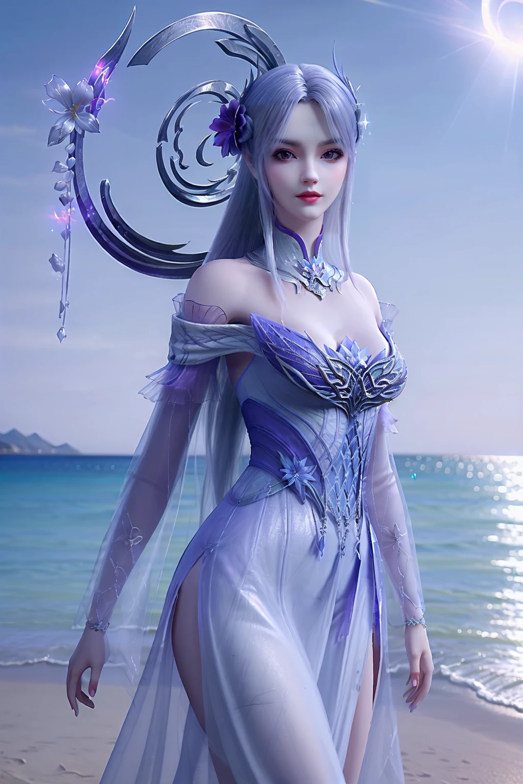 masterpiece,best quality,8k,absurdres,highres,
<lora:å°å»ä»-vision:0.7>,xiaoyixian,1girl,solo,purple dress,((silver circle:1.2)),breasts,((glowing flower:1.2)),((hair ornament:1.3)),closed mouth,looking at viewer,pale skin,(side slit:1.2),
(sparkle:1.2),(glitter:1.1),(sunlight:1.2),wind lift,water,beach,