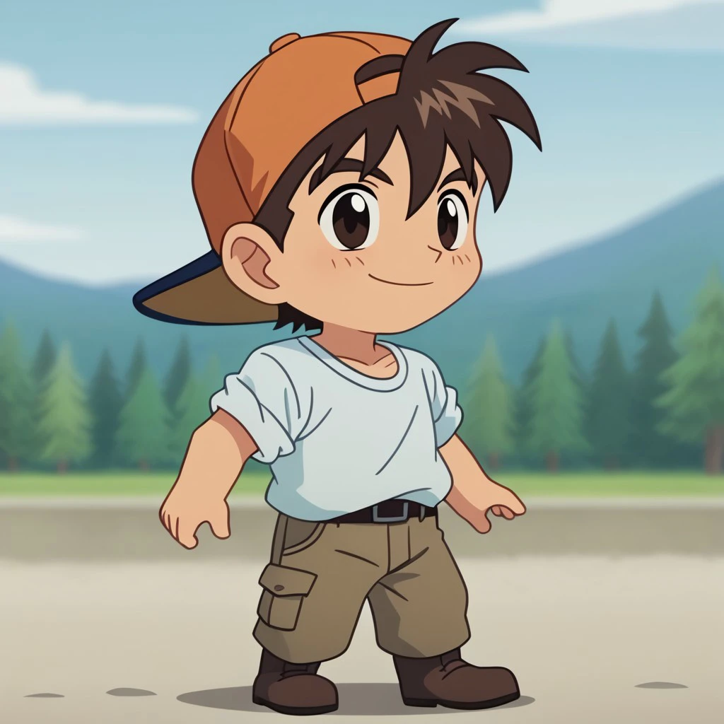 score_9, score_8_up, score_7_up BREAK GenkiM, 1boy, brown hair, dark brown eyes, backwards orange baseball cap, short-sleeved white shirt, rectangle silver buckle, brown belt, light brown cargo shorts, brown boots, chibi, smile, solo, solo focus, male, male focus, lineless, lineless vector, lineless artwork, anime, source_anime, alone, chibi style, vector art,