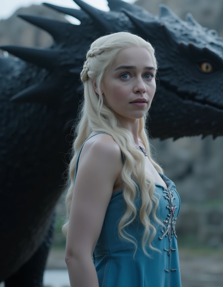 <lora:Emilia_Clarke_Flux:1>  This is an image of  Daenerys Targaryen from the HBO show Game of Thrones. Blonde hair with braids, silk blue dress, jewelry, standing in front of a large black dragon.