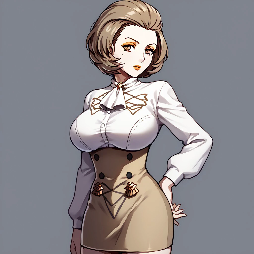 1girl, breasts, brown_skirt, cowboy_shot, garreg_mach_monastery_uniform, high-waist_skirt, long_sleeves, looking at viewer, neckerchief, official_alternate_costume, pencil_skirt, shirt, shirt_tucked_in, simple_background, skirt, solo_focus, standing,white_neckerchief, white_shirt, 
BREAK 1girl, <lora:manuela-pdxl-nvwls-v1:1>,defManuela, short hair, mole under eye, eyeshadow, lipstick, large breasts,