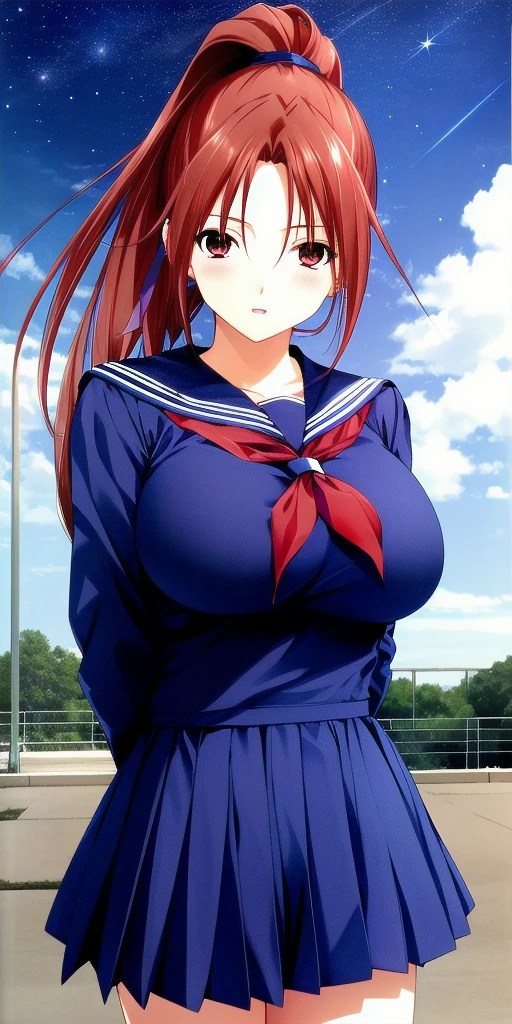 <lora:SatsukiV3:0.7> kitaooji_satsuki_high_ponytail, huge_breasts, standing, solo, arms_behind_back, starry_sky,  school_uniform, masterpiece, best_quality, detailed_face, detailed_eyes, highres, beautiful, detailed, absurdres,